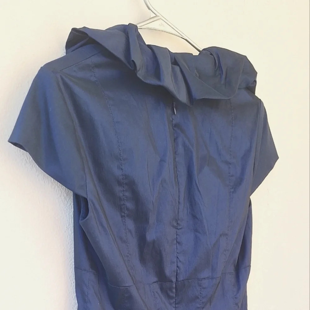 Adrianna Papell Navy Blue Metallic Taffeta Ruffle Neck Women's Dress Size 10 - Picture 5 of 9